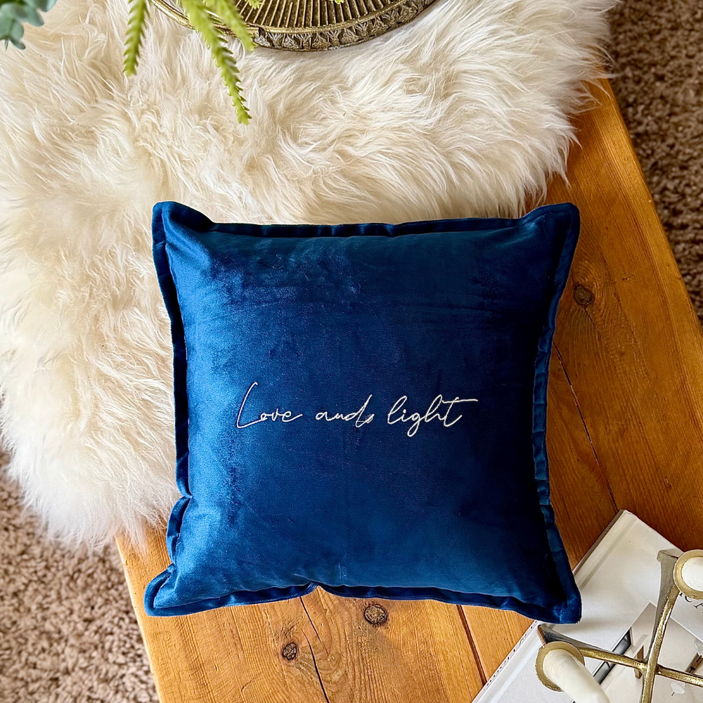 Slogan Cushion | Love & Light | Embroidered Velvet | Navy