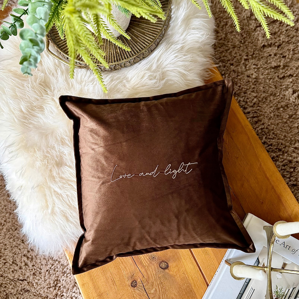 Slogan Cushion | Love & Light | Embroidered Velvet | Espresso