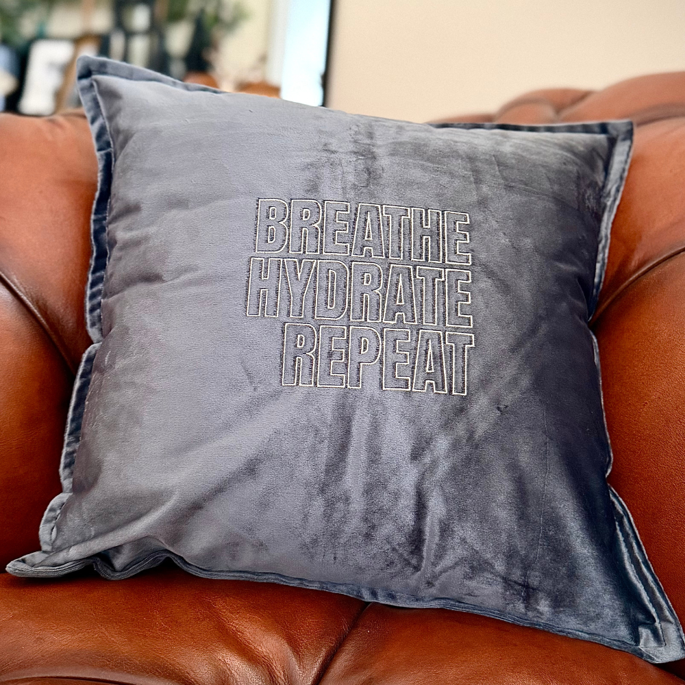 Slogan Cushion | Breathe Hydrate Repeat | Embroidered Velvet | Grey