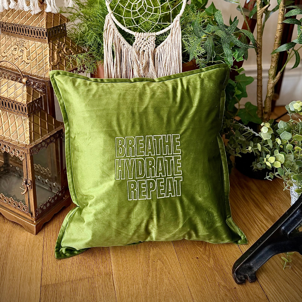 Slogan Cushion | Breathe Hydrate Repeat | Embroidered Velvet | Olive