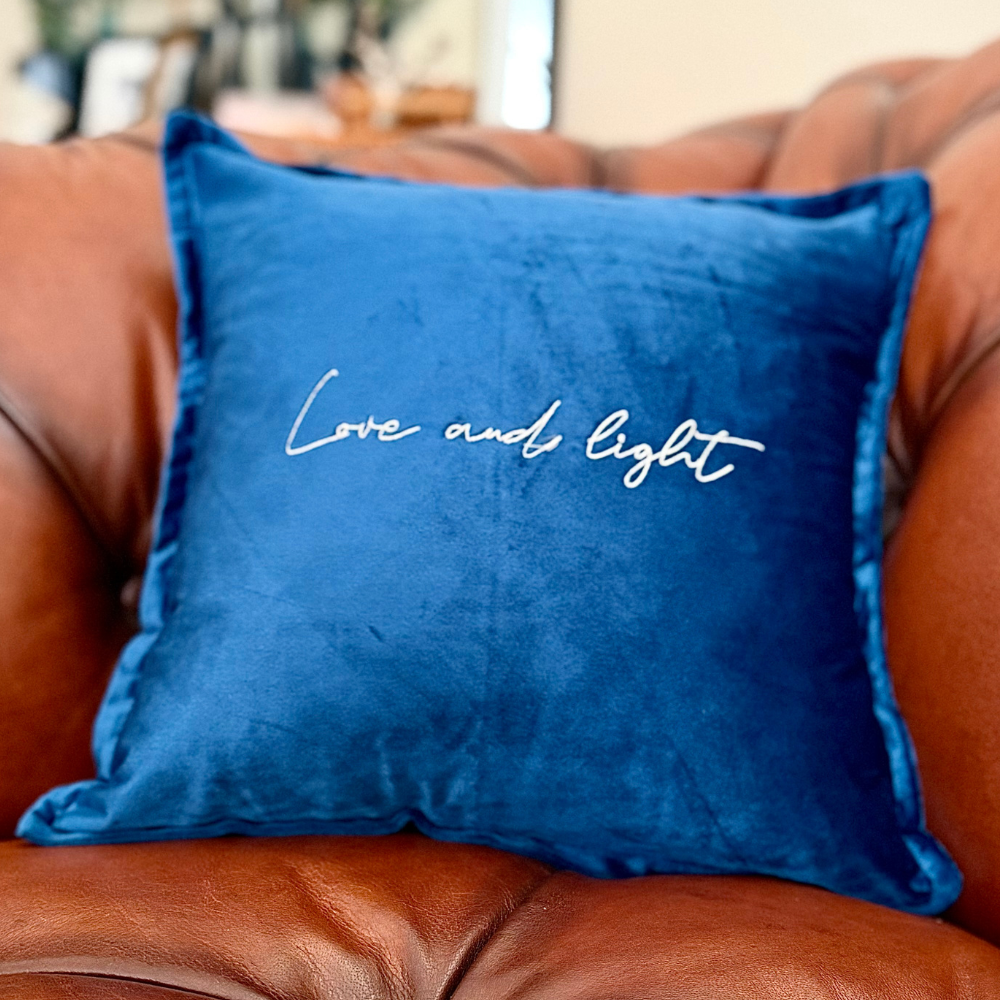Slogan Cushion | Love & Light | Embroidered Velvet | Navy