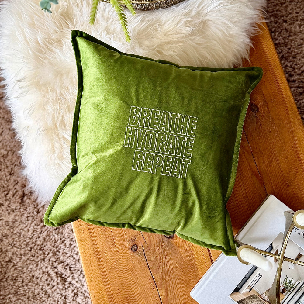 Slogan Cushion | Breathe Hydrate Repeat | Embroidered Velvet | Olive
