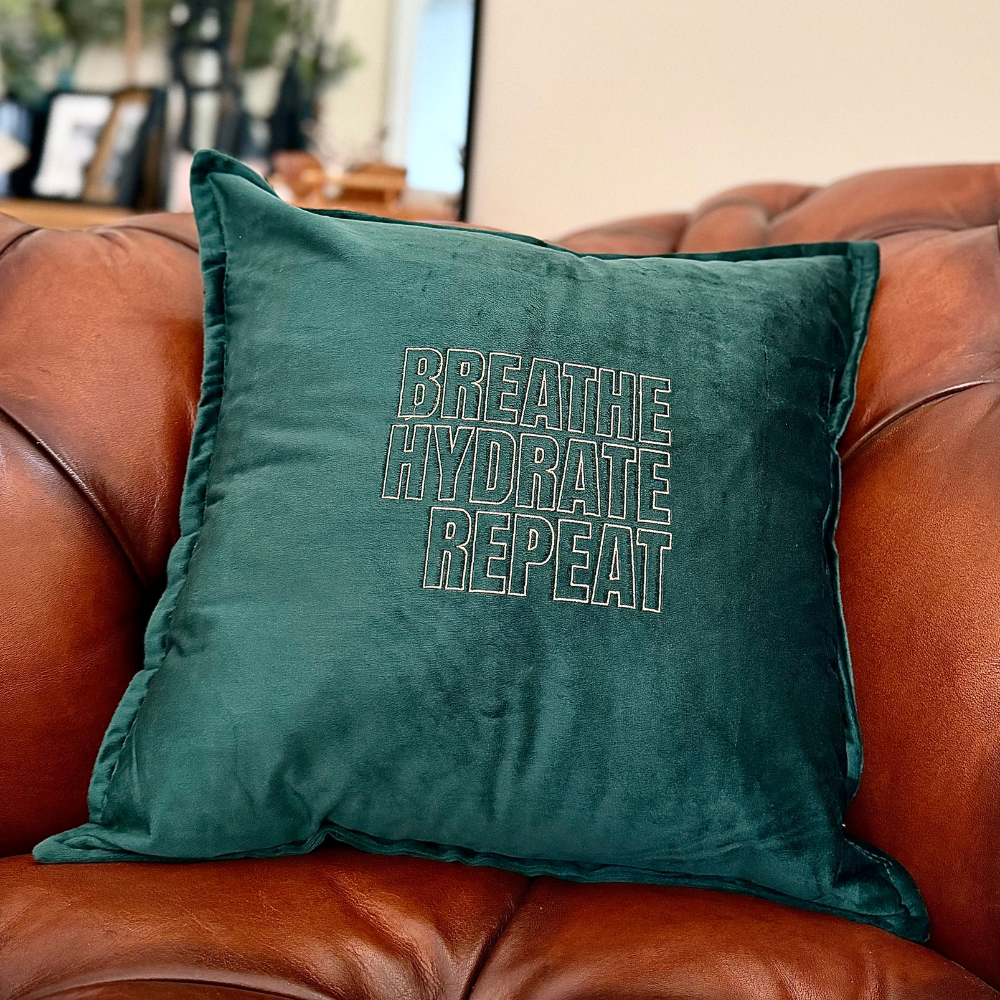 Slogan Cushion | Breathe Hydrate Repeat | Embroidered Velvet | Forest Green