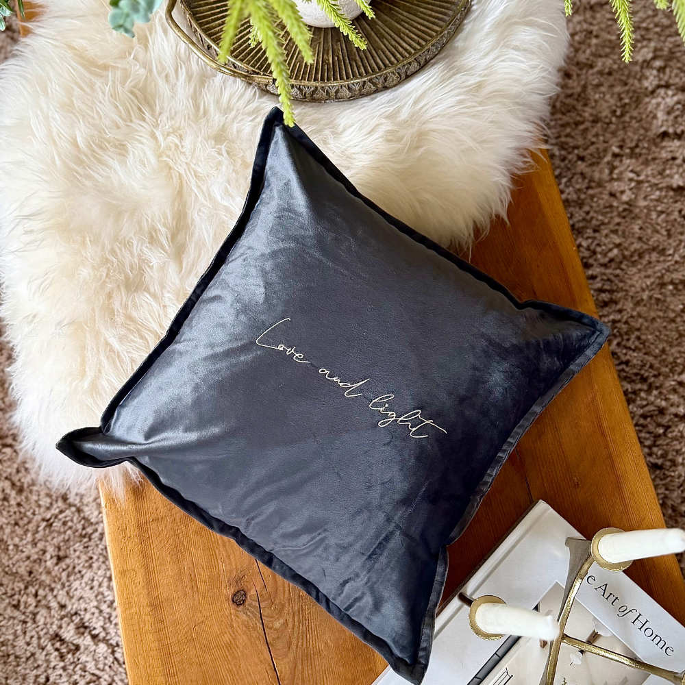 Slogan Cushion | Love & Light | Embroidered Velvet | Grey