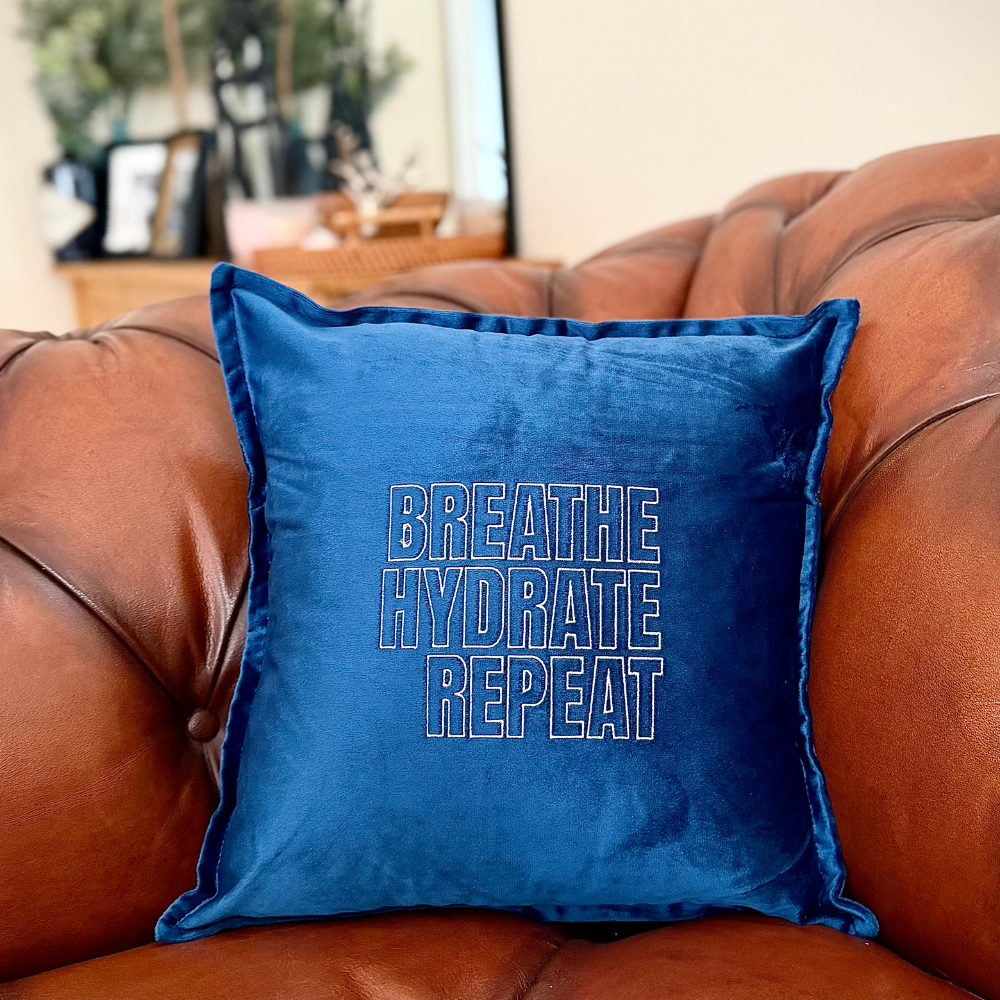 Slogan Cushion | Breathe Hydrate Repeat | Embroidered Velvet | Navy