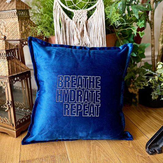 Slogan Cushion | Breathe Hydrate Repeat | Embroidered Velvet | Navy