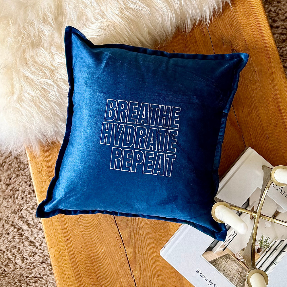 Slogan Cushion | Breathe Hydrate Repeat | Embroidered Velvet | Navy