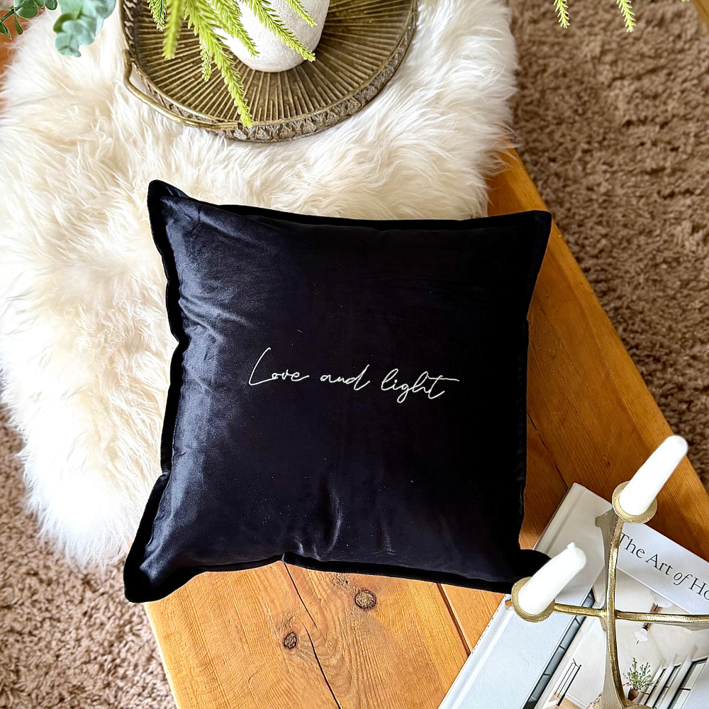 Slogan Cushion | Love & Light | Embroidered Velvet | Black