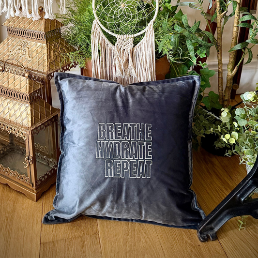 Slogan Cushion | Breathe Hydrate Repeat | Embroidered Velvet | Grey