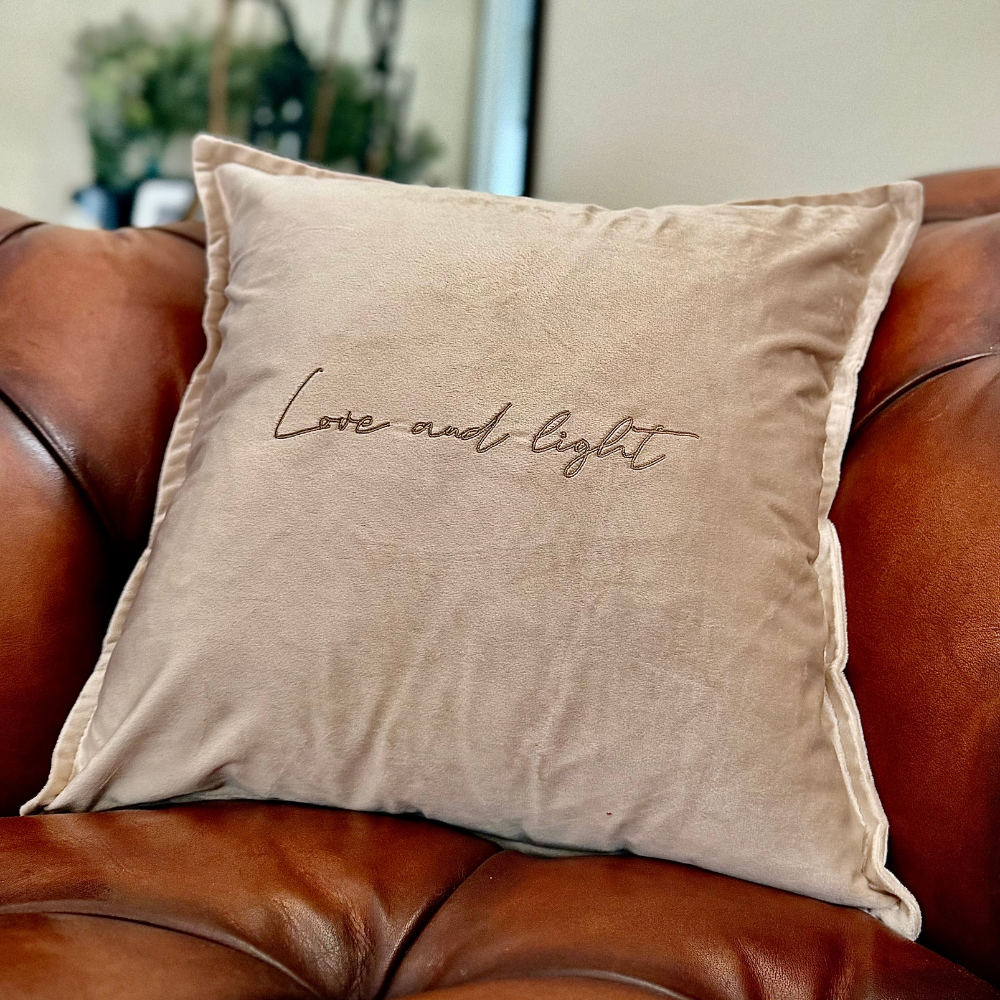 Slogan Cushion | Love & Light | Embroidered Velvet | Beige