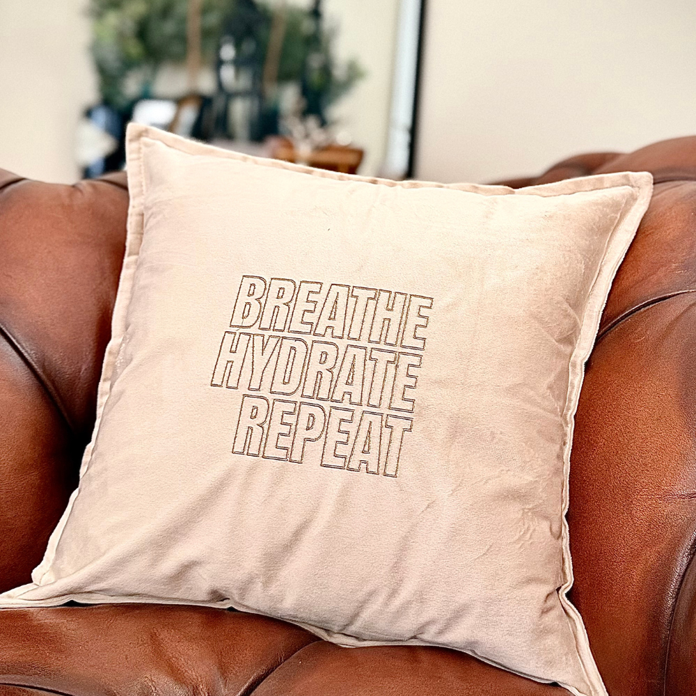 Slogan Cushion | Breathe Hydrate Repeat | Embroidered Velvet | Beige