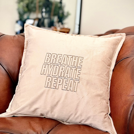 Slogan Cushion | Breathe Hydrate Repeat | Embroidered Velvet | Beige