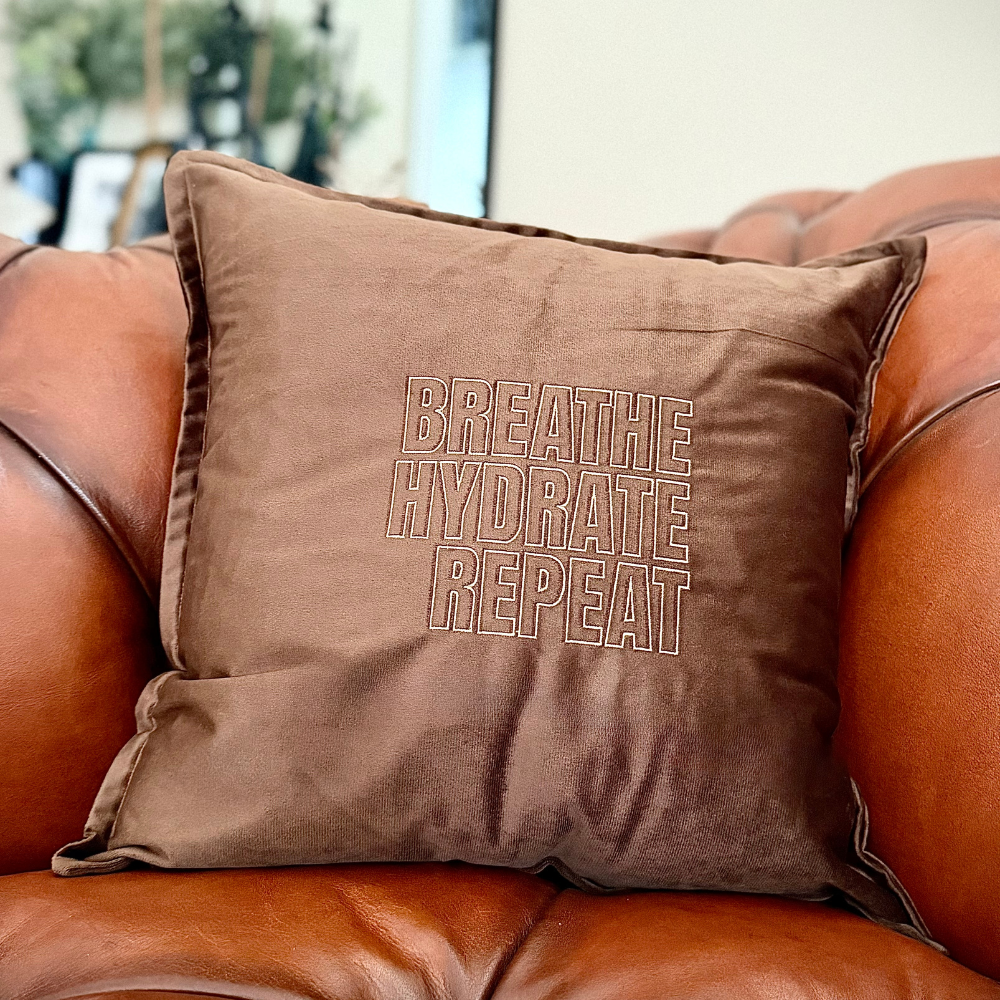 Slogan Cushion | Breathe Hydrate Repeat | Embroidered Velvet | Espresso