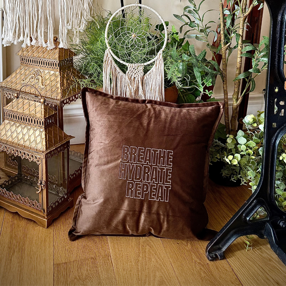 Slogan Cushion | Breathe Hydrate Repeat | Embroidered Velvet | Espresso