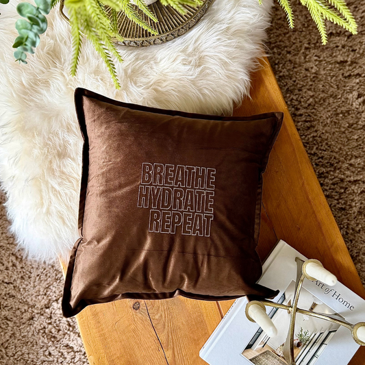 Slogan Cushion | Breathe Hydrate Repeat | Embroidered Velvet | Espresso