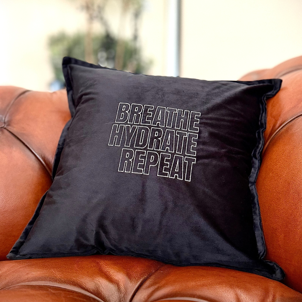 Slogan Cushion | Breathe Hydrate Repeat | Embroidered Velvet | Black