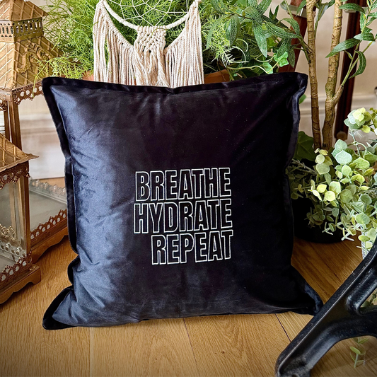 Slogan Cushion | Breathe Hydrate Repeat | Embroidered Velvet | Black