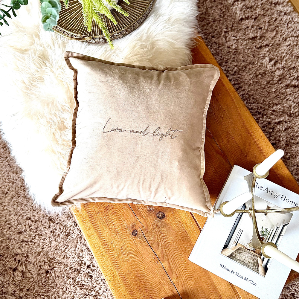 Slogan Cushion | Love & Light | Embroidered Velvet | Beige