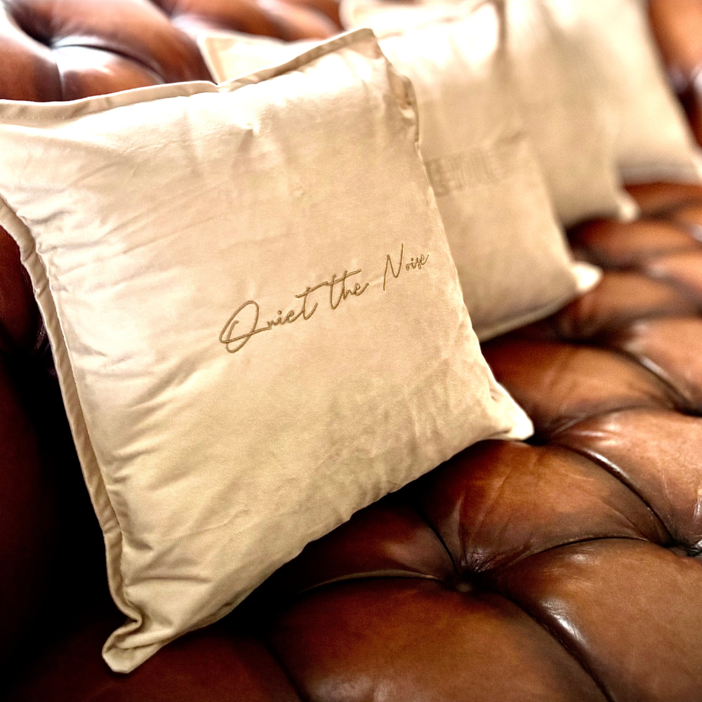 Slogan Cushion | Breathe Hydrate Repeat | Embroidered Velvet | Beige