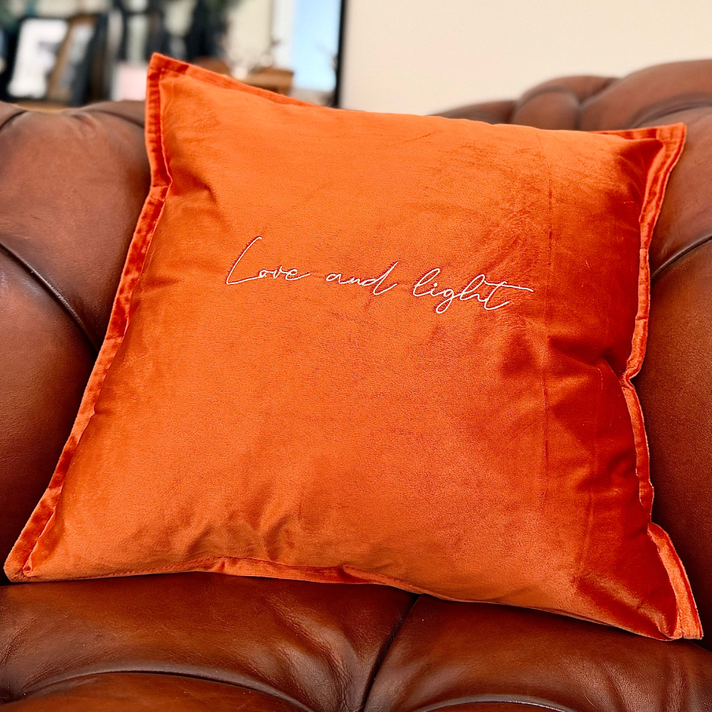 Slogan Cushion | Love & Light | Embroidered Velvet | Orange