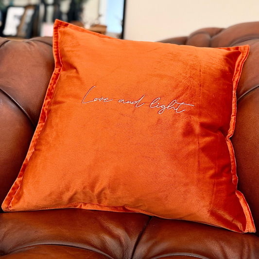 Slogan Cushion | Love & Light | Embroidered Velvet | Orange