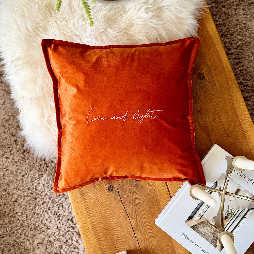 Slogan Cushion | Love & Light | Embroidered Velvet | Orange