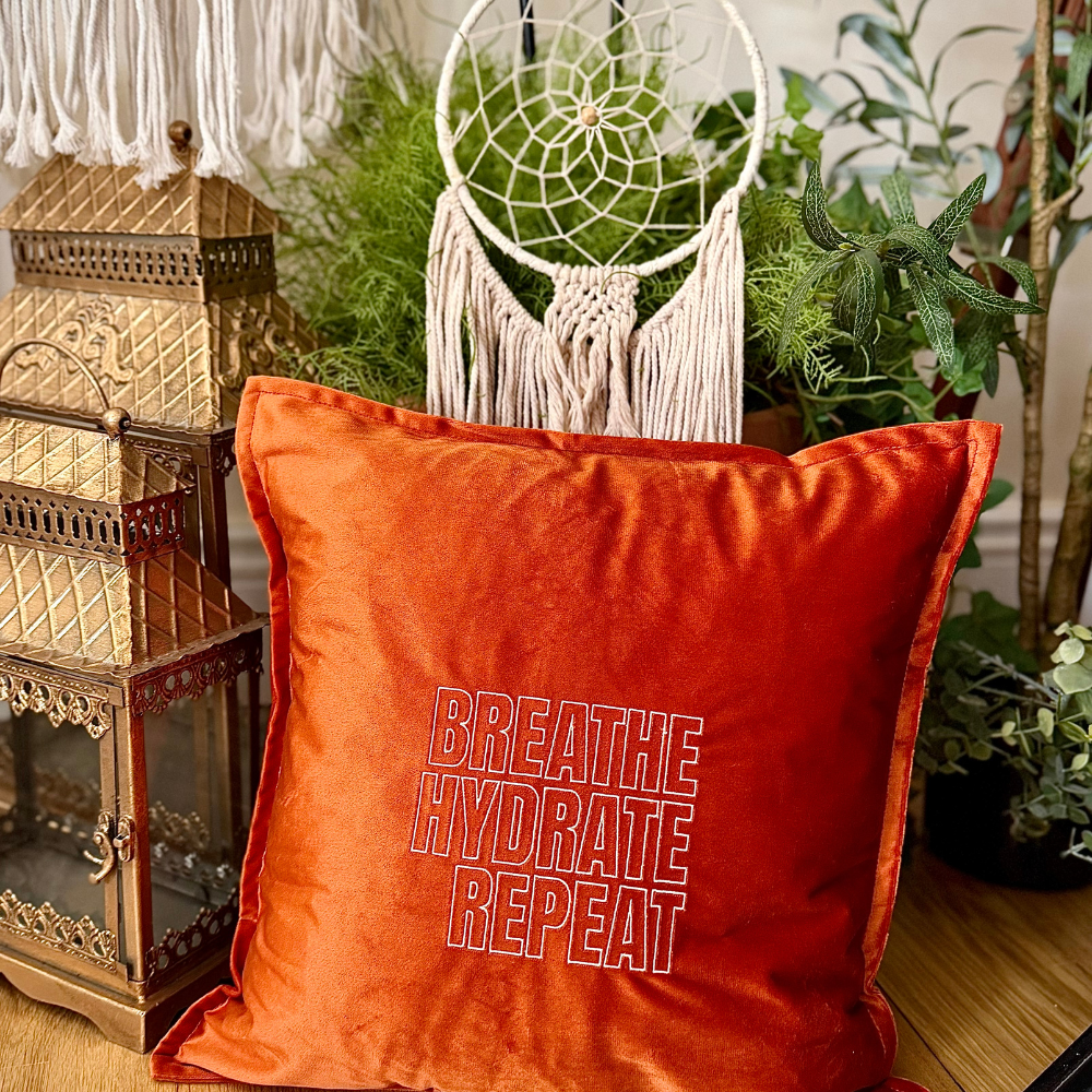 Slogan Cushion | Breathe Hydrate Repeat | Embroidered Velvet | Orange