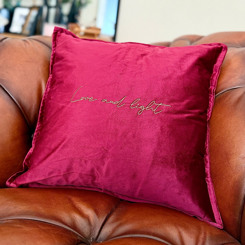 Slogan Cushion | Love & Light | Embroidered Velvet | Wine
