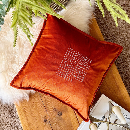 Slogan Cushion | Breathe Hydrate Repeat | Embroidered Velvet | Orange