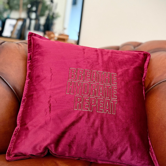 Slogan Cushion | Breathe Hydrate Repeat | Embroidered Velvet | Wine
