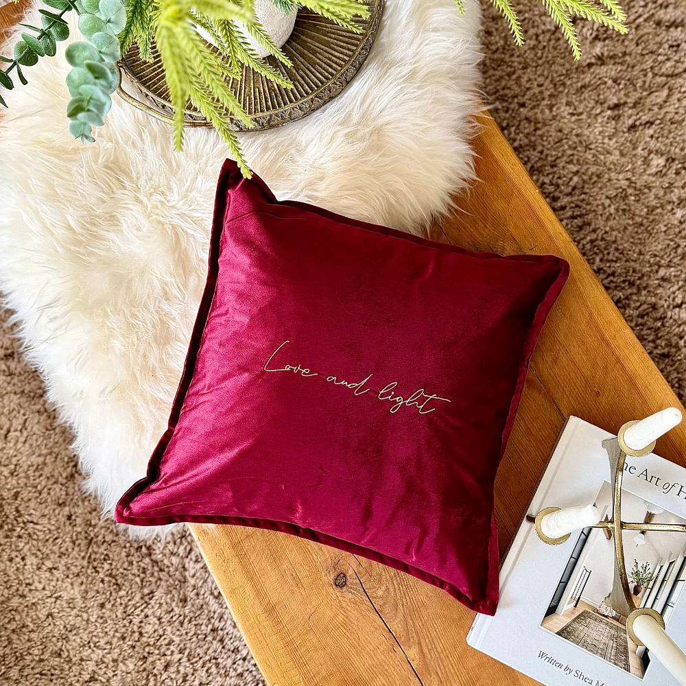 Slogan Cushion | Love & Light | Embroidered Velvet | Wine