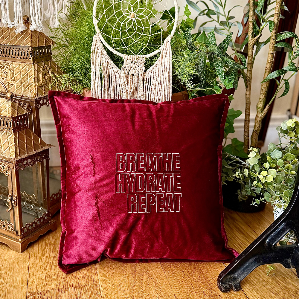 Slogan Cushion | Breathe Hydrate Repeat | Embroidered Velvet | Wine