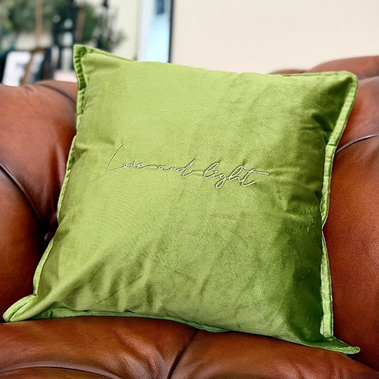 Slogan Cushion | Love & Light | Embroidered Velvet | Olive