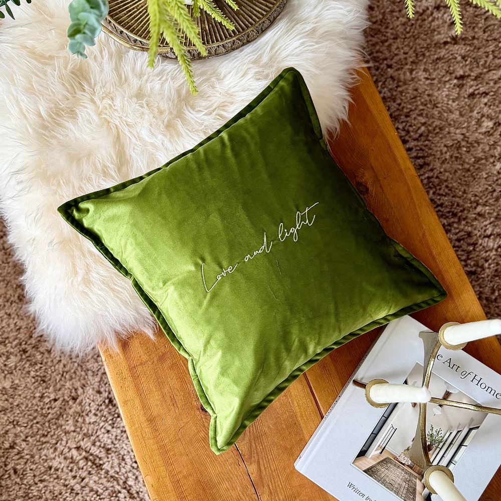 Slogan Cushion | Love & Light | Embroidered Velvet | Olive