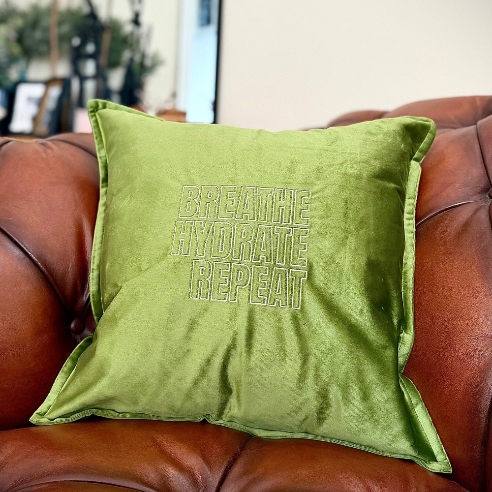 Slogan Cushion | Breathe Hydrate Repeat | Embroidered Velvet | Olive